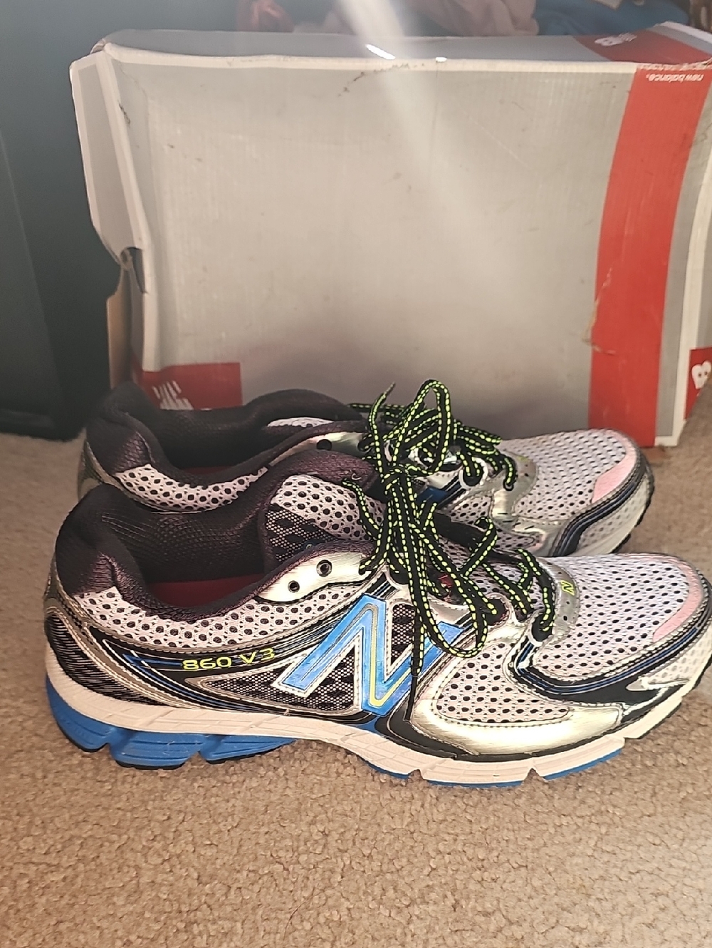 New Balance Running Shoes in White, Blue & Black with Neon Green Accents